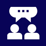 Two figures with chat icon