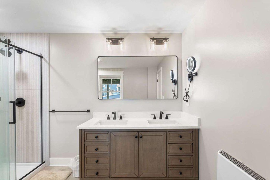 Modern bathroom with double-sink wood vanity